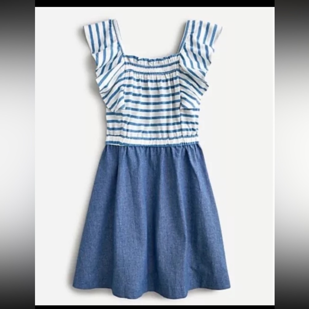 Crewcuts Dress Size 8 Striped Flutter Sleeve Ruffle blue/white chambray